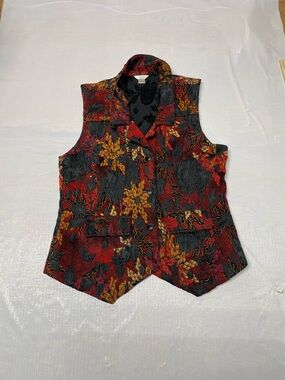 Christopher & Banks Red, Black & Gold Floral Brocade Vest